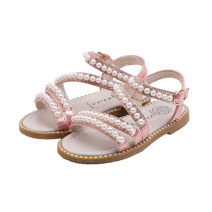 Girls' Glitter Dress Sandals – Open-Toe Party Shoes with Pearls & Rhinestones