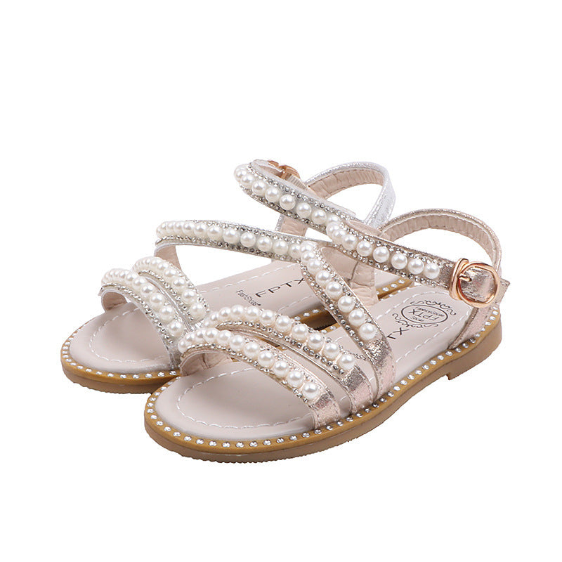 Girls' Glitter Dress Sandals – Open-Toe Party Shoes with Pearls & Rhinestones