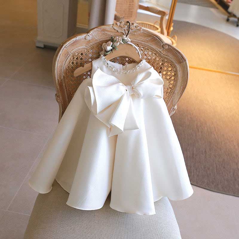 Sweet White Bow Party Dress for Girls - Flower Girl & Birthday Outfit