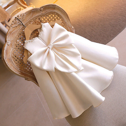 Sweet White Bow Party Dress for Girls - Flower Girl & Birthday Outfit