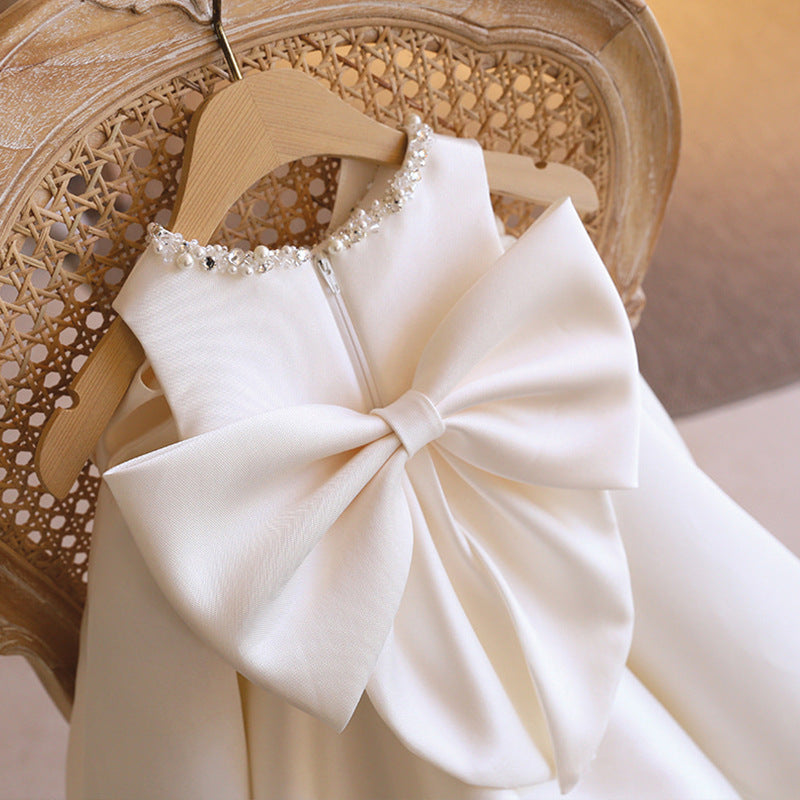 Sweet White Bow Party Dress for Girls - Flower Girl & Birthday Outfit
