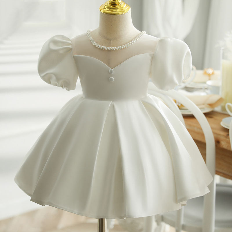 Girls' White A-Line Princess Dress with Beaded Neck & Bowknot - Parties & Weddings