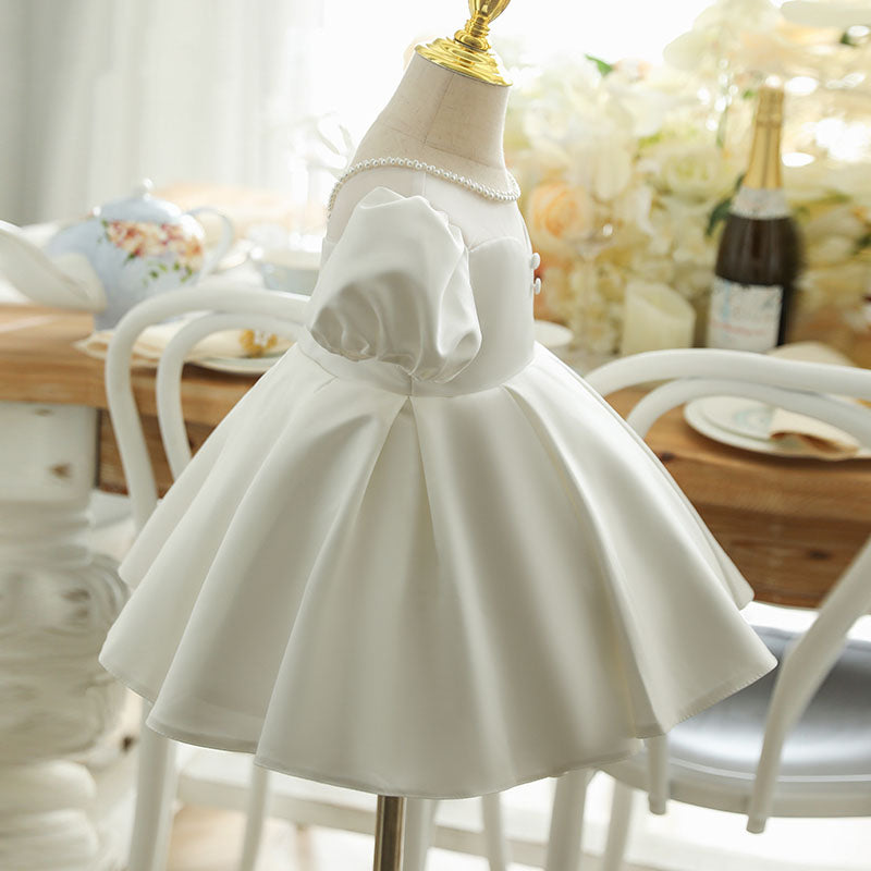 Girls' White A-Line Princess Dress with Beaded Neck & Bowknot - Parties & Weddings