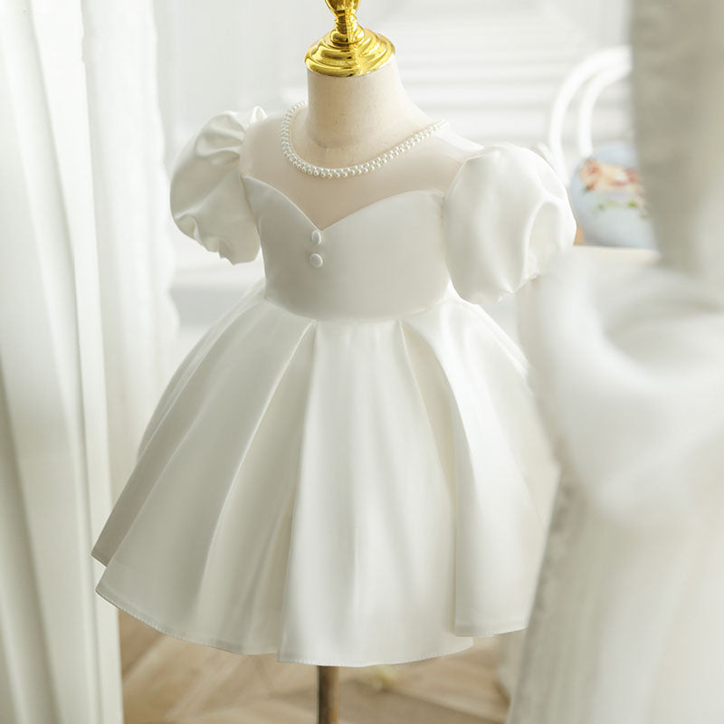 Girls' White A-Line Princess Dress with Beaded Neck & Bowknot - Parties & Weddings