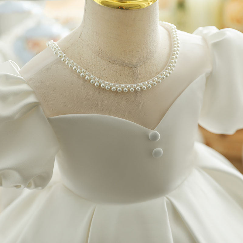 Girls' White A-Line Princess Dress with Beaded Neck & Bowknot - Parties & Weddings