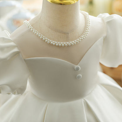 Girls' White A-Line Princess Dress with Beaded Neck & Bowknot - Parties & Weddings