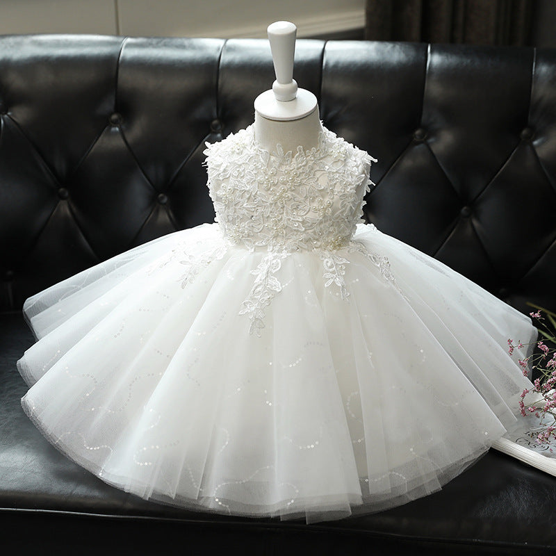 White Tulle & Lace A-Line Party Dress for Girls – Flower Girl, Baptism & Communion