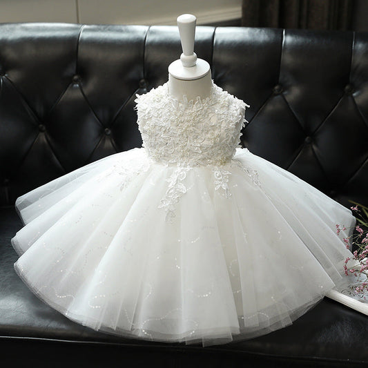 White Tulle & Lace A-Line Party Dress for Girls – Flower Girl, Baptism & Communion