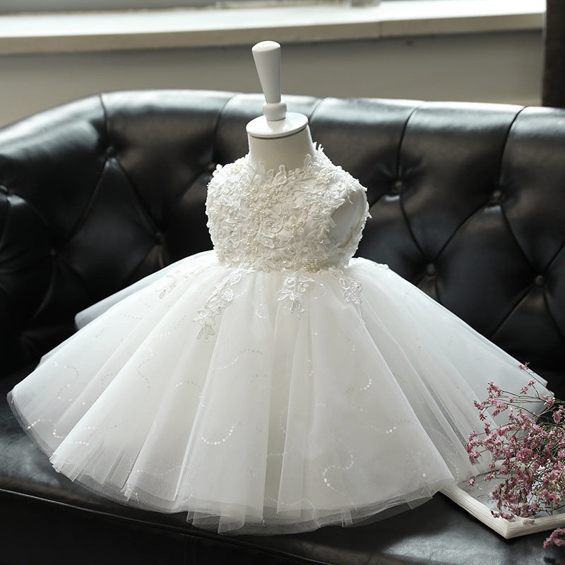 White Tulle & Lace A-Line Party Dress for Girls – Flower Girl, Baptism & Communion