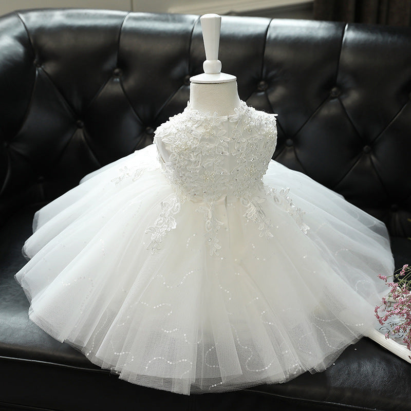 White Tulle & Lace A-Line Party Dress for Girls – Flower Girl, Baptism & Communion