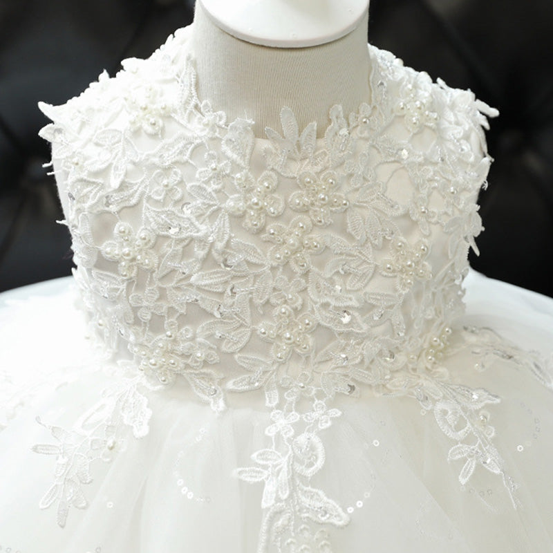 White Tulle & Lace A-Line Party Dress for Girls – Flower Girl, Baptism & Communion