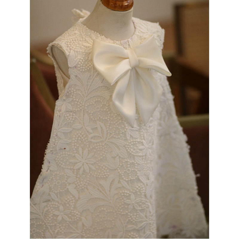 White Tulle A-Line Bowknot Party Dress for Girls – Sleeveless Princess Birthday Gown