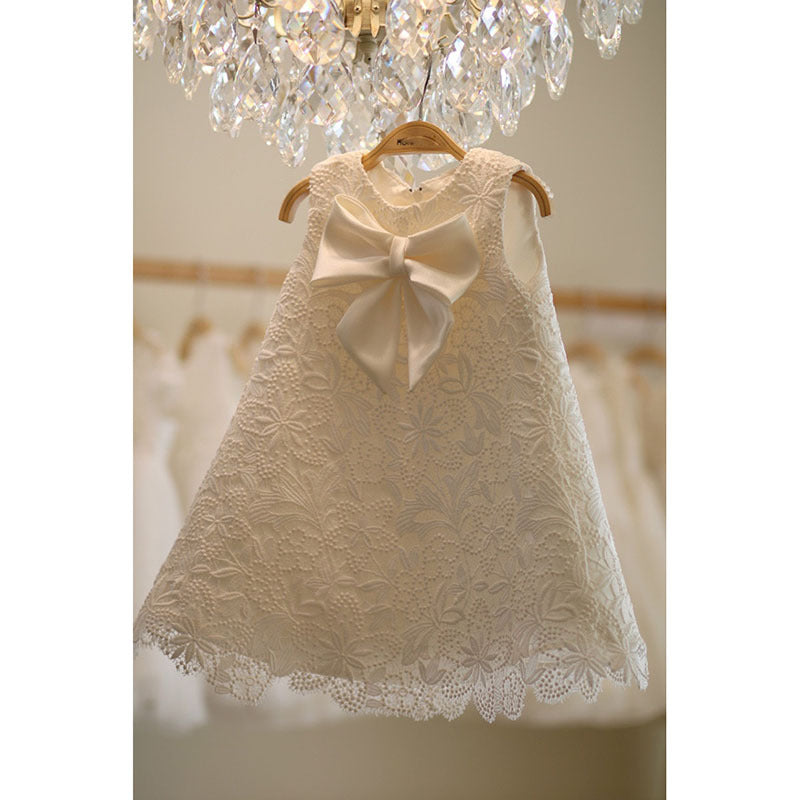 White Tulle A-Line Bowknot Party Dress for Girls – Sleeveless Princess Birthday Gown