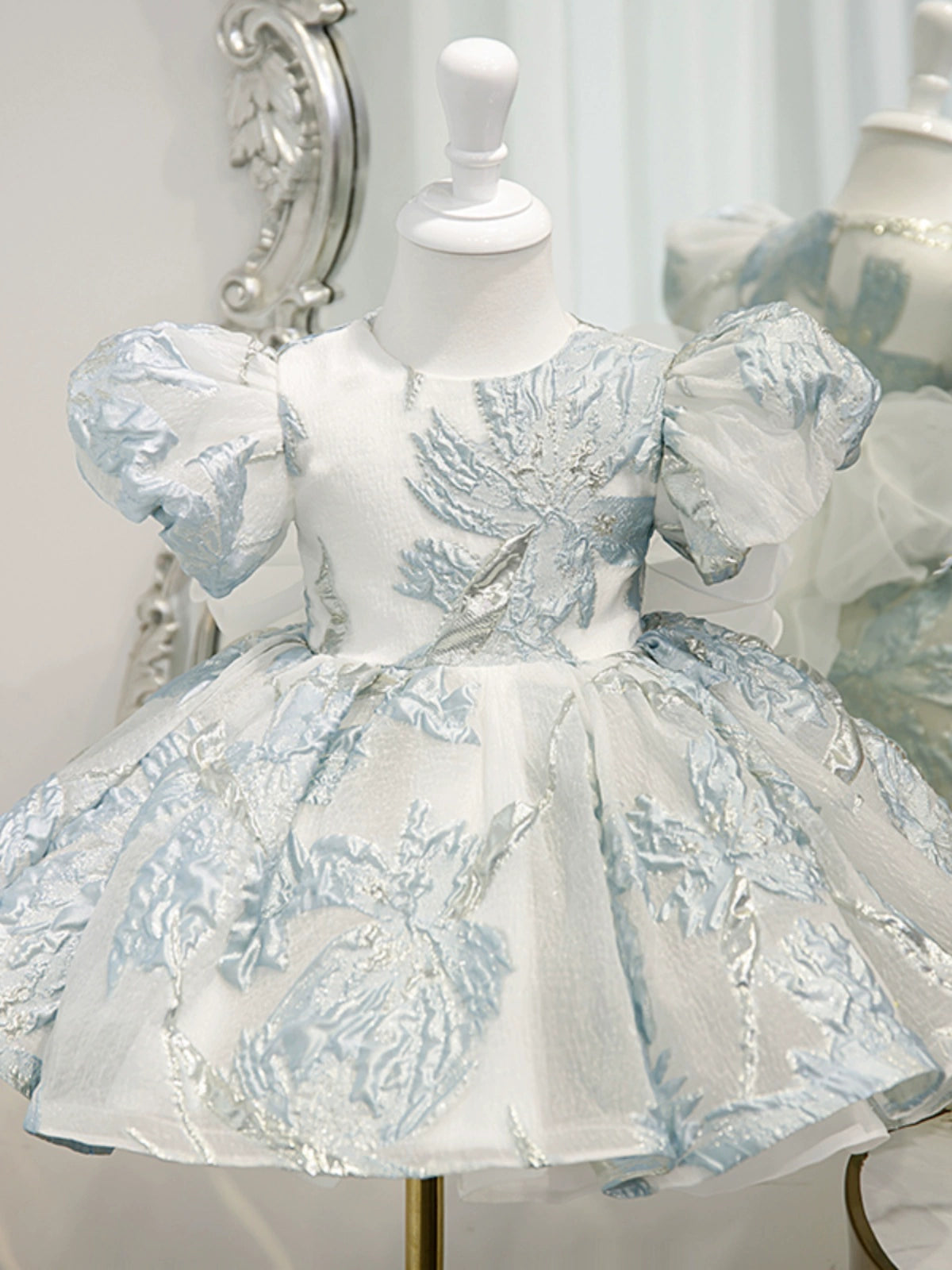 White Puffy Princess Ball Gown Dress for Girls – Floral & Ruffle Detail | Party & Flower Girl