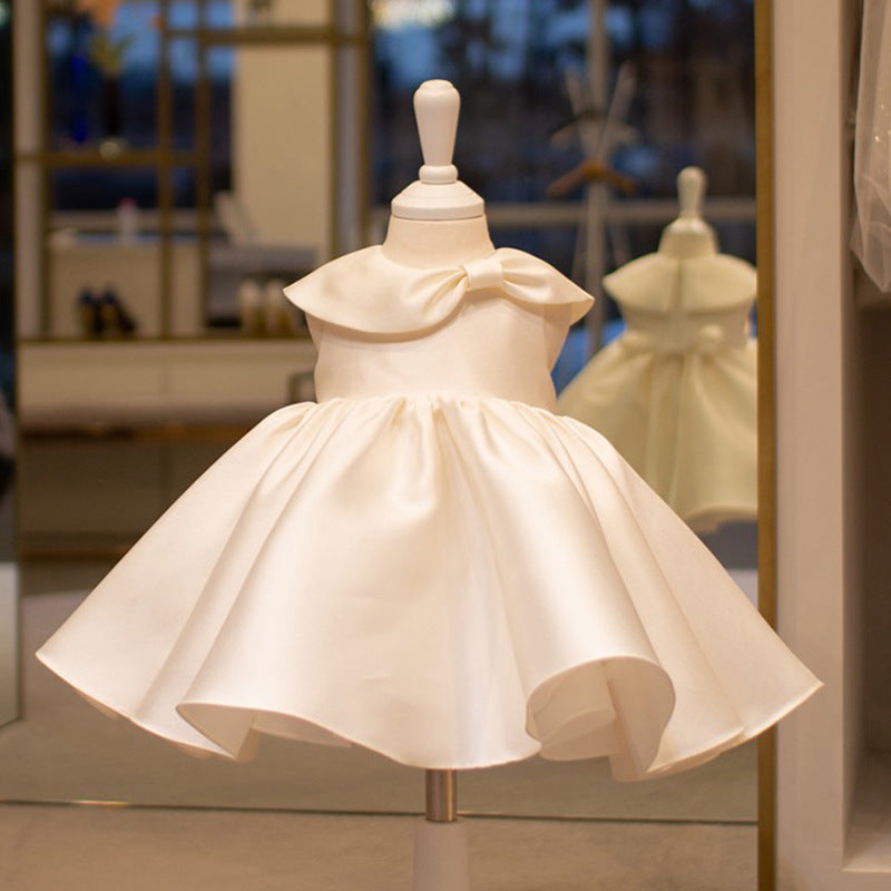 White Satin Ruffle Princess Dress for Girls | Birthday & Flower Girl Outfit
