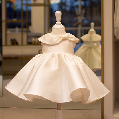White Satin Ruffle Princess Dress for Girls | Birthday & Flower Girl Outfit