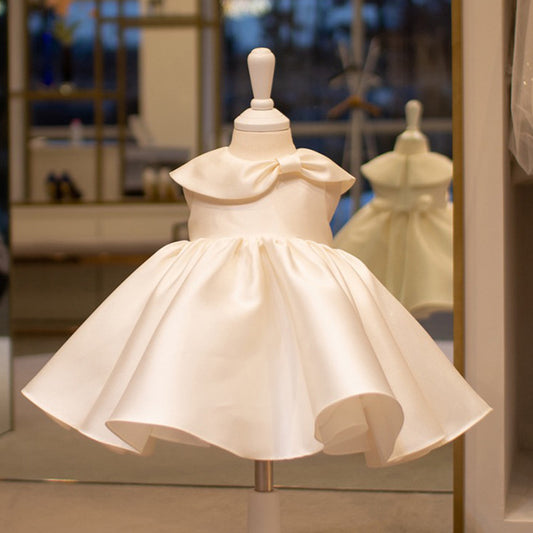 White Satin Ruffle Princess Dress for Girls | Birthday & Flower Girl Outfit