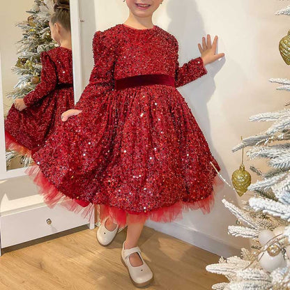 Girls Wine Red Sequin Party Dress – Long Sleeve Cute Holiday Outfit