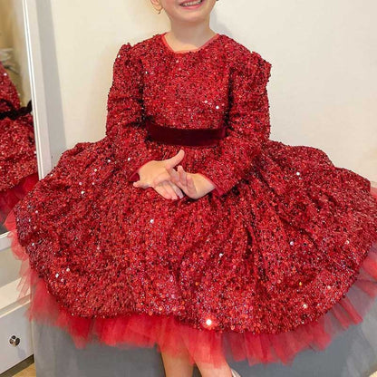 Girls Wine Red Sequin Party Dress – Long Sleeve Cute Holiday Outfit
