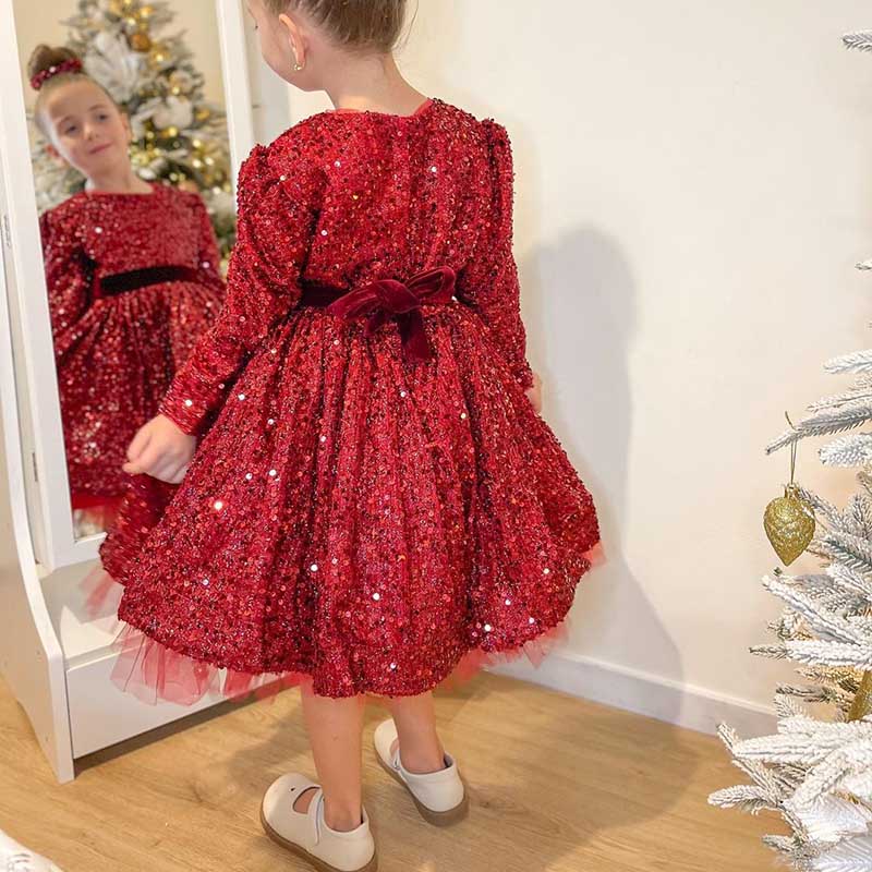 Girls Wine Red Sequin Party Dress – Long Sleeve Cute Holiday Outfit