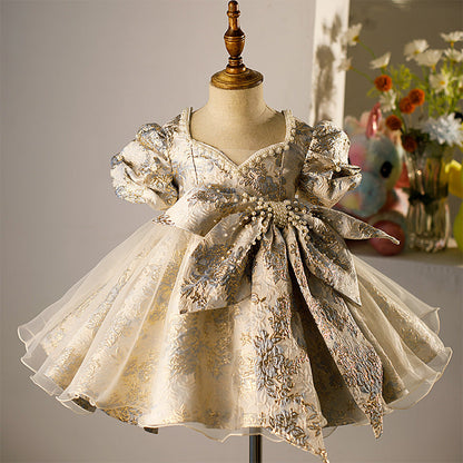 Girls Gold Floral Princess Dress | Tea Length V-Neck Party Gown
