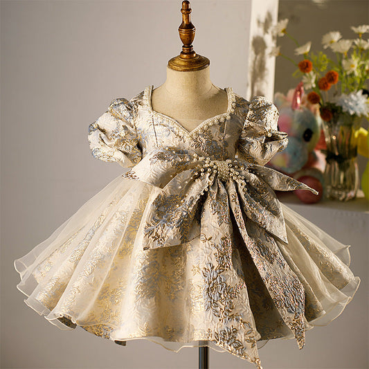 Girls Gold Floral Princess Dress | Tea Length V-Neck Party Gown
