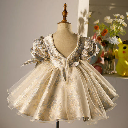 Girls Gold Floral Princess Dress | Tea Length V-Neck Party Gown