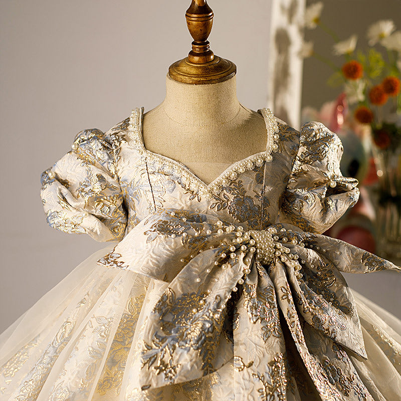 Girls Gold Floral Princess Dress | Tea Length V-Neck Party Gown