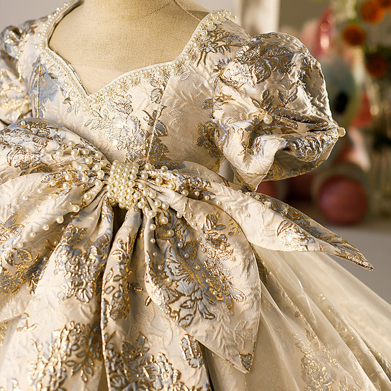 Girls Gold Floral Princess Dress | Tea Length V-Neck Party Gown