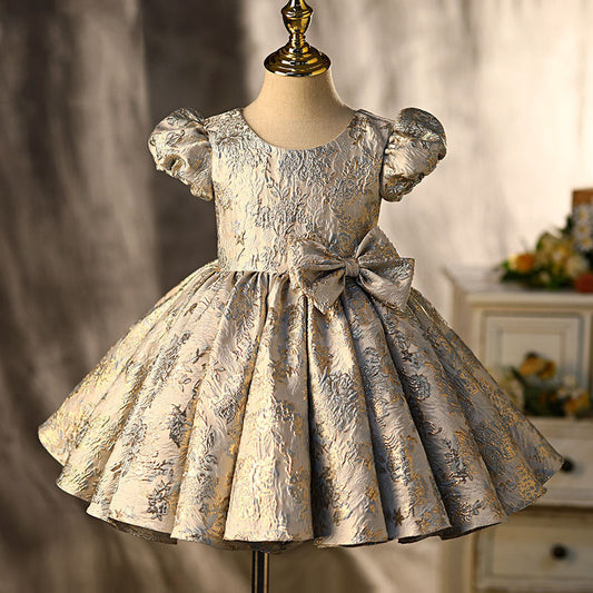 Gold Floral Satin Princess Dress for Girls | Elegant Party & Wedding Attire