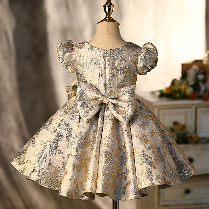 Gold Floral Satin Princess Dress for Girls | Elegant Party & Wedding Attire