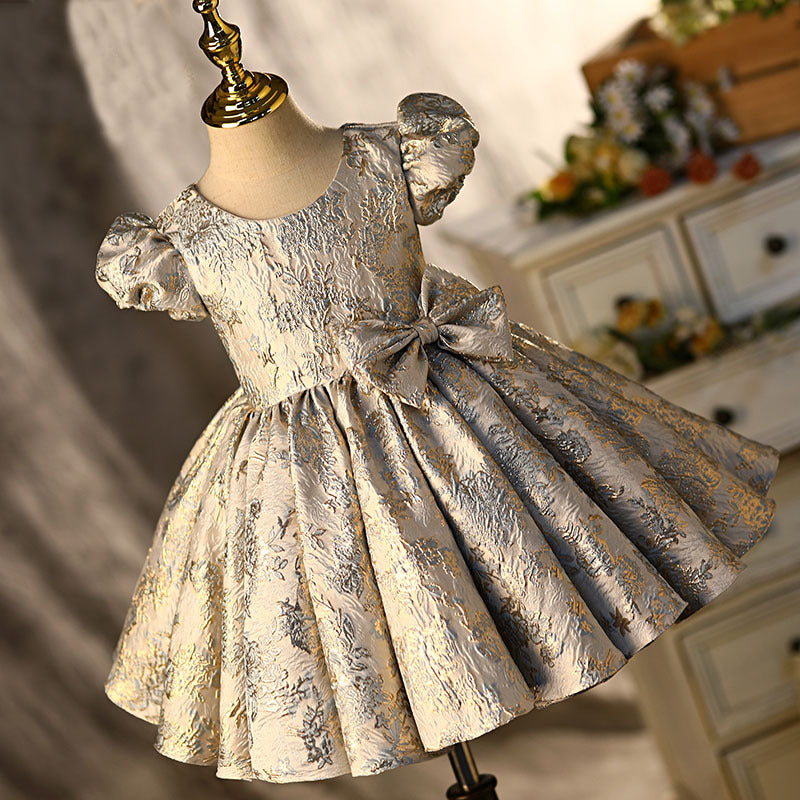 Gold Floral Satin Princess Dress for Girls | Elegant Party & Wedding Attire