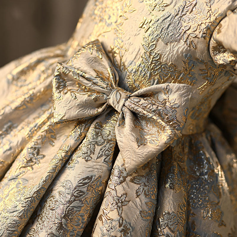 Gold Floral Satin Princess Dress for Girls | Elegant Party & Wedding Attire