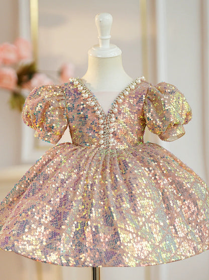 Gold Sequin Princess Ball Gown for Girls – Fairy Style Flower Girl Dress