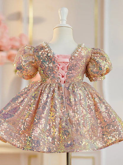 Gold Sequin Princess Ball Gown for Girls – Fairy Style Flower Girl Dress