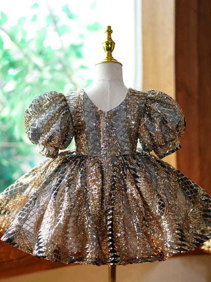 Gold Sequin Puffy Flower Girl Ball Gown | Princess Party Dress