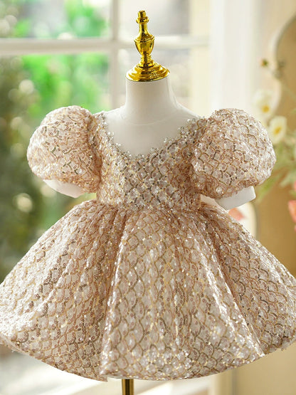 Gold Sequin Princess Ball Gown Dress for Girls - Puffy Knee Length Formal Dress