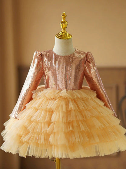 Golden Puffy Flower Girl Dress - Sequin Tulle Ball Gown for Parties & Weddings