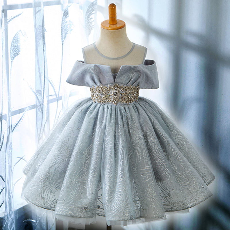Gorgeous Sequined A-Line Princess Dress for Girls | Dusty Blue Mesh Party Dress