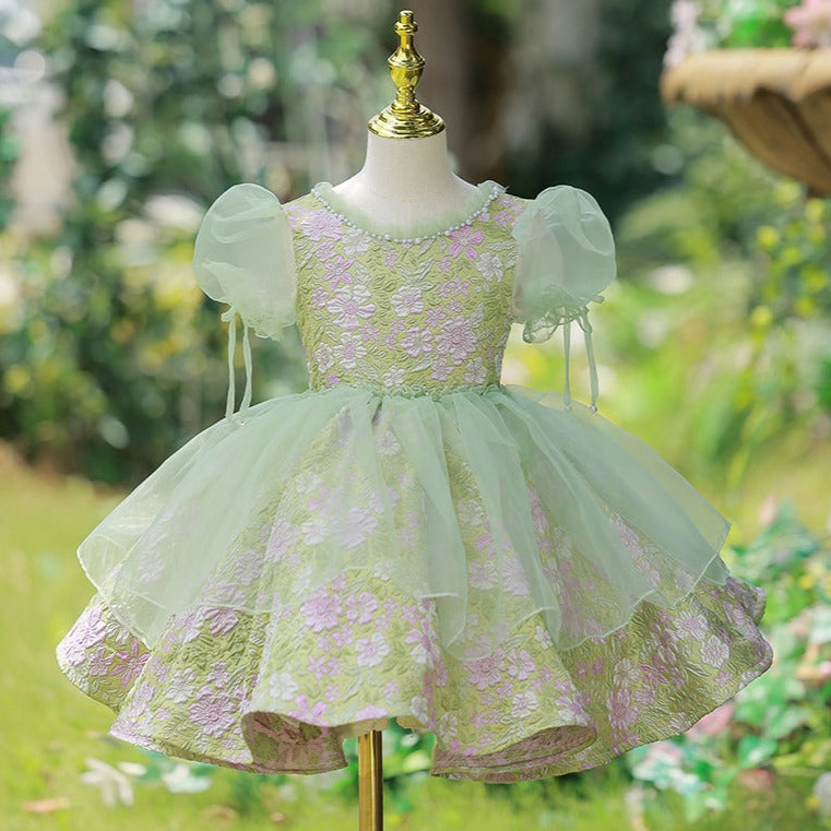 Green Floral A-Line Tea Length Baby Girl Dress with Sequins & Tiered Skirt