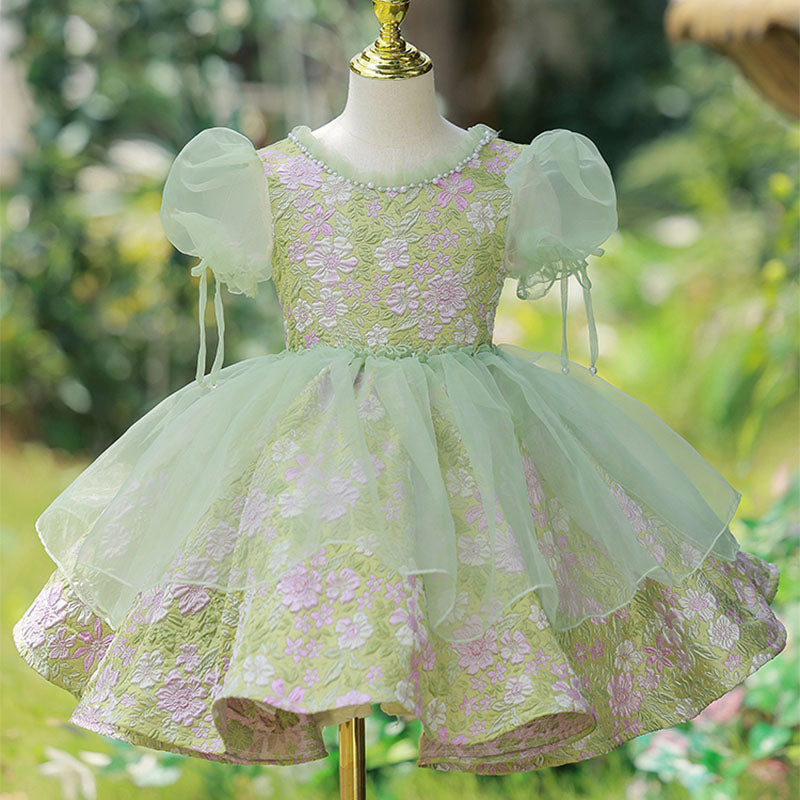 Green Floral A-Line Tea Length Baby Girl Dress with Sequins & Tiered Skirt