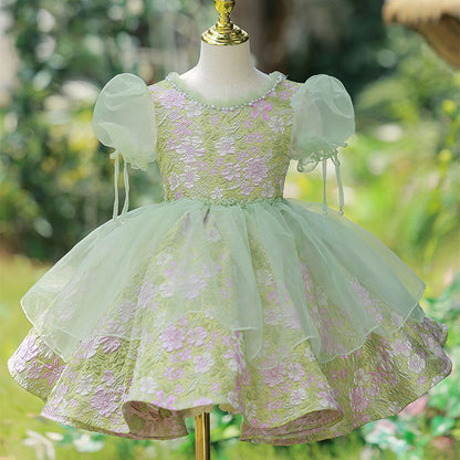 Green Floral A-Line Tea Length Baby Girl Dress with Sequins & Tiered Skirt