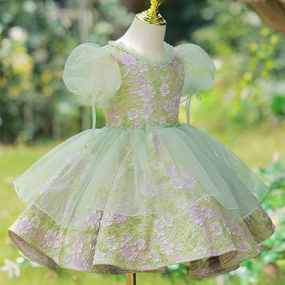 Green Floral A-Line Tea Length Baby Girl Dress with Sequins & Tiered Skirt