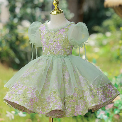 Green Floral A-Line Tea Length Baby Girl Dress with Sequins & Tiered Skirt
