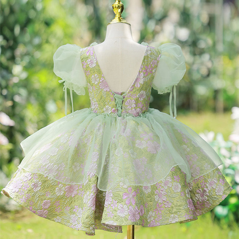 Green Floral A-Line Tea Length Baby Girl Dress with Sequins & Tiered Skirt