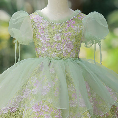 Green Floral A-Line Tea Length Baby Girl Dress with Sequins & Tiered Skirt