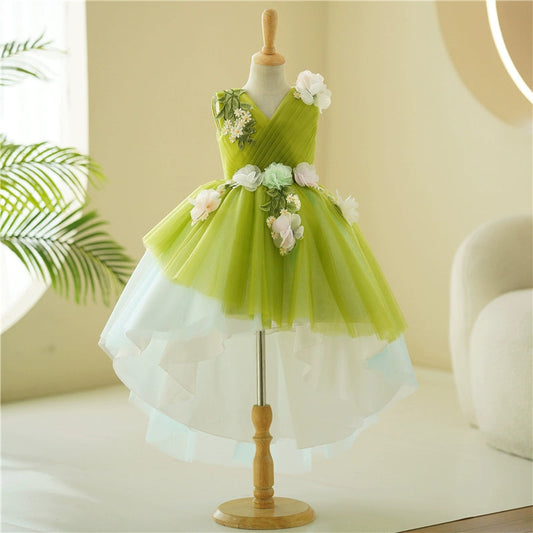 Green A-Line High-Low Tulle Flower Girl Dress with Floral Appliqué | Kids' Party & Wedding Outfit