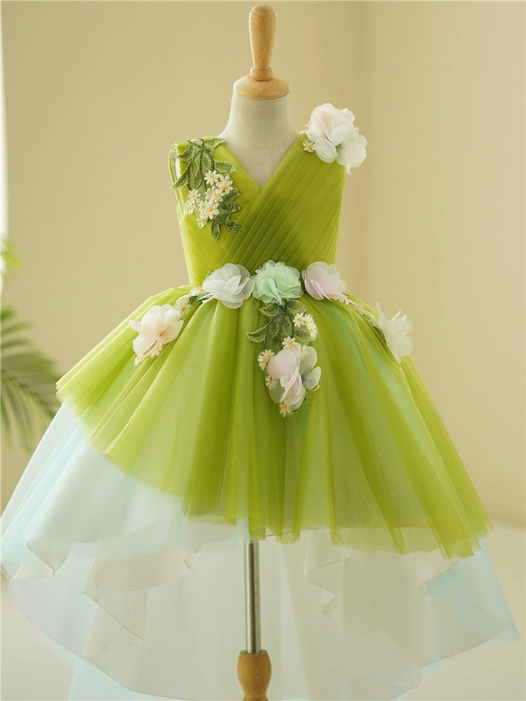 Green A-Line High-Low Tulle Flower Girl Dress with Floral Appliqué | Kids' Party & Wedding Outfit