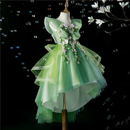 High-Low Green Tulle Flower Girl Dress – Embroidered Ball Gown for Girls