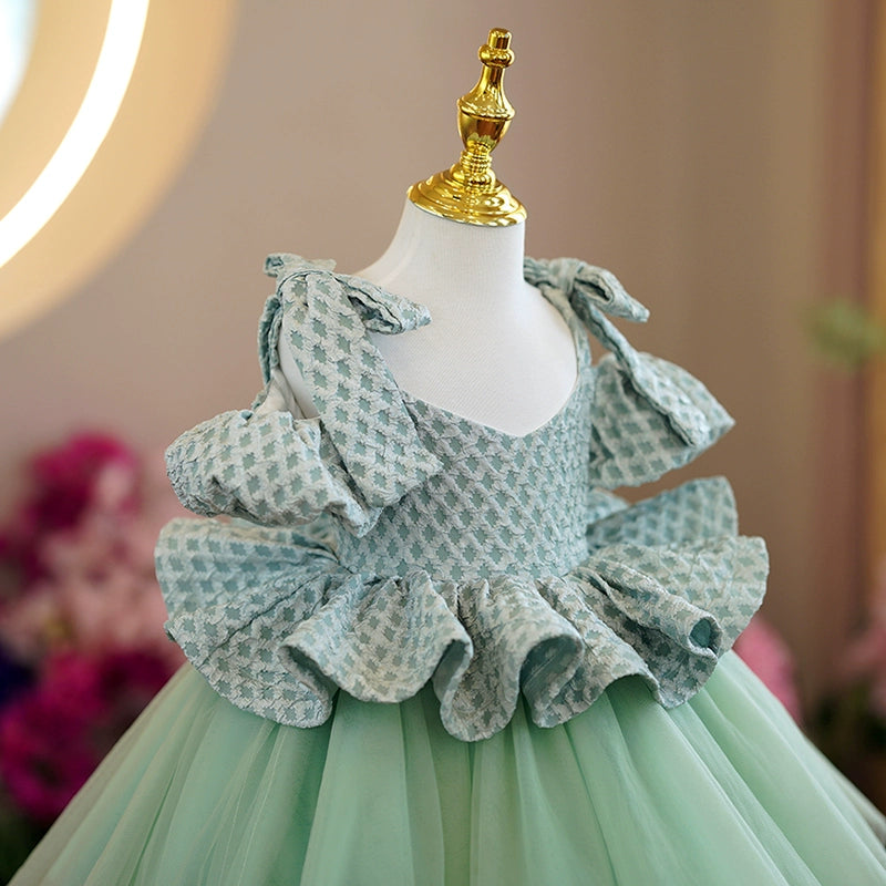 Green Puffy Tulle Flower Girl Dress with Tiered Skirt - Green / 5-6 Years (130cm) - Fleur Kids Green Puffy Tulle Flower Girl Dress with Tiered Skirt - Green / 5-6 Years (130cm) - Fleur Kids